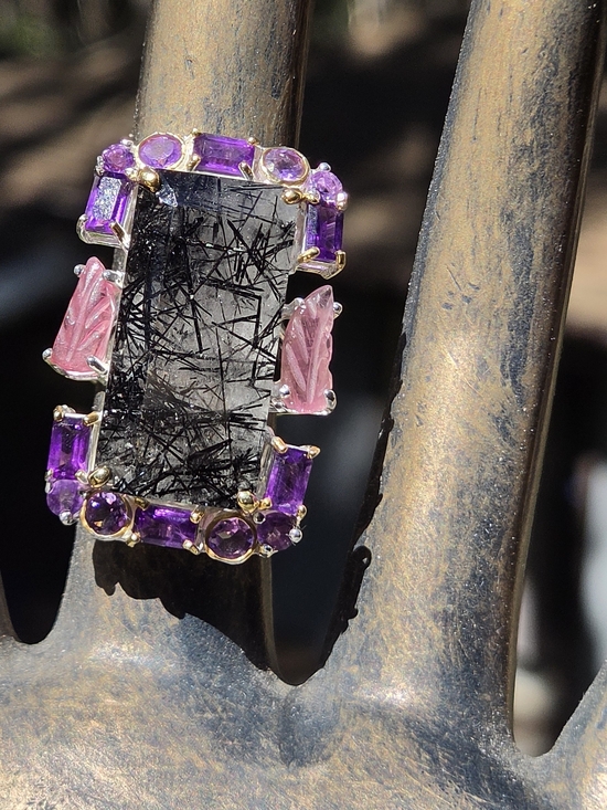 Celestial Kharma Collection by Avelon Jewelry - Rutilated 35k Quarts Amethyst & Tourmaline Cocktail Sterling &gold Ring Sz8
